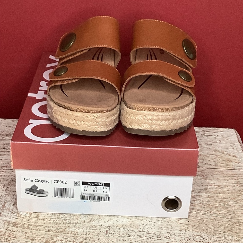 AETREX Sofie Cognac Leather Platform Sandals Jute Trim Arch Support Memo… - Picture 3 of 16